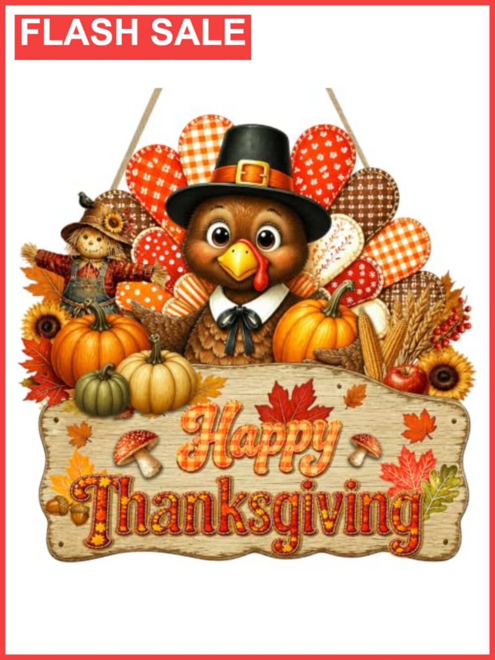 Wooden Happy Thanksgiving Turkey Door Hanger Sign Fall Decor